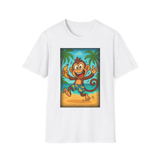 Playful Monkey on Beach Graphic T-Shirt, Kids Summer Tee, Vacation Shirt, Fun Beach Wear, Unique Gift for Children, Animal Lover Apparel