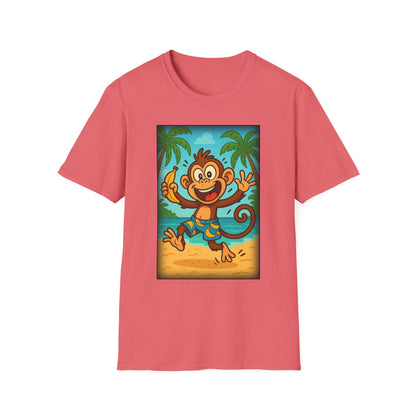 Playful Monkey on Beach Graphic T-Shirt, Kids Summer Tee, Vacation Shirt, Fun Beach Wear, Unique Gift for Children, Animal Lover Apparel